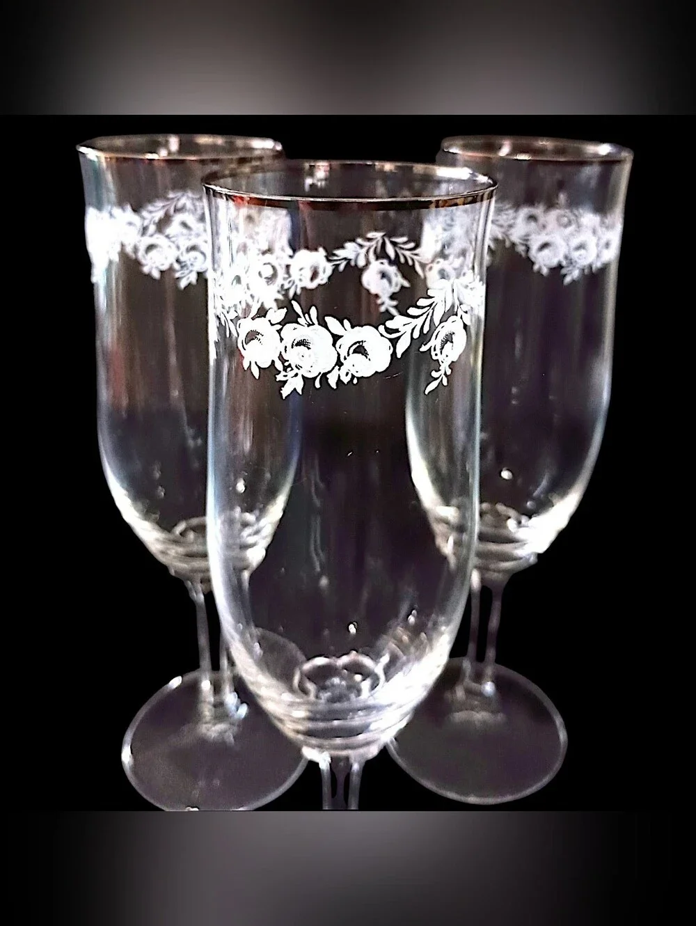3 Johann Haviland Sweetheart Rose Champagne Flutes Crystal Vtg Floral Stemware